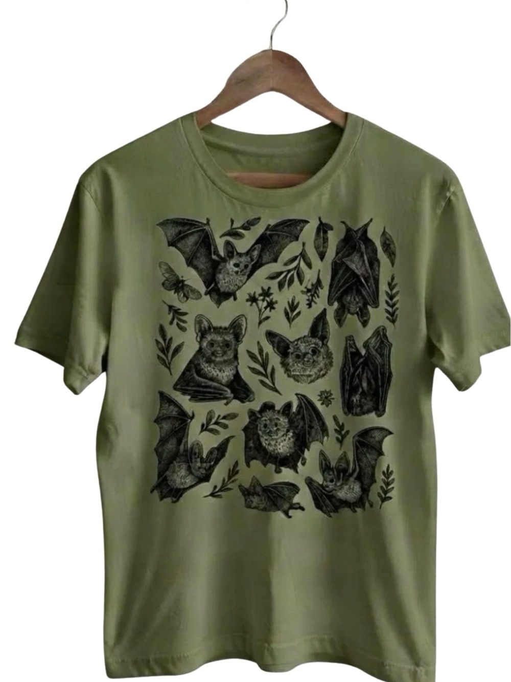 Spooky Bat Botanical Illustration Goblincore Olive Green Tee